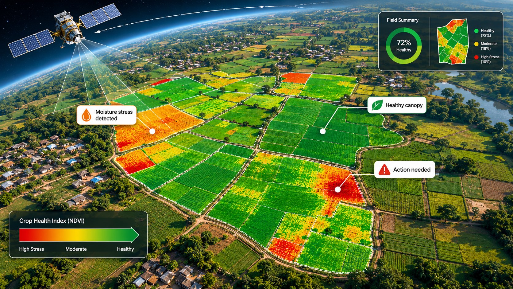 Satellite-derived crop health analysis showing NDVI heatmap